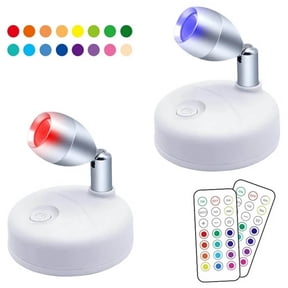 RGB Wireless Spotlight, LED Puck Light, Battery Operated Accent Lights with Remote, Dimmable Puck Light with Rotatable Light Head for Painting Picture Artwork Closet 2pack