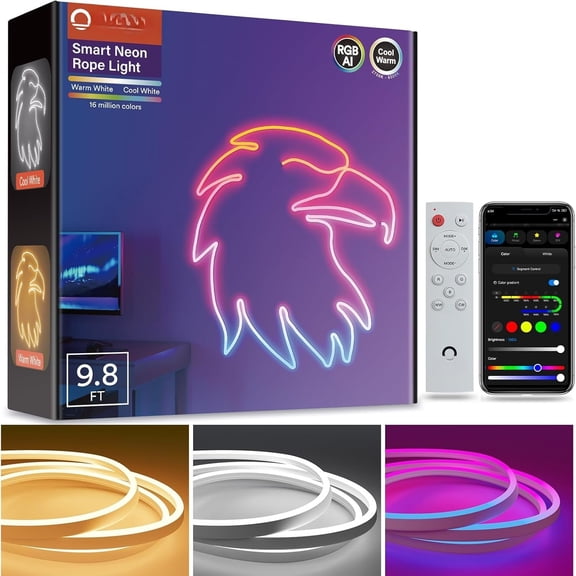 RGBAICW Neon Rope Light Indoor, 9.8ft Lights for Works with Alexa/ Assistant, 180LEDs/m & Warm White & Cool White Strip, Wall Decor for Halloween, Softer Material