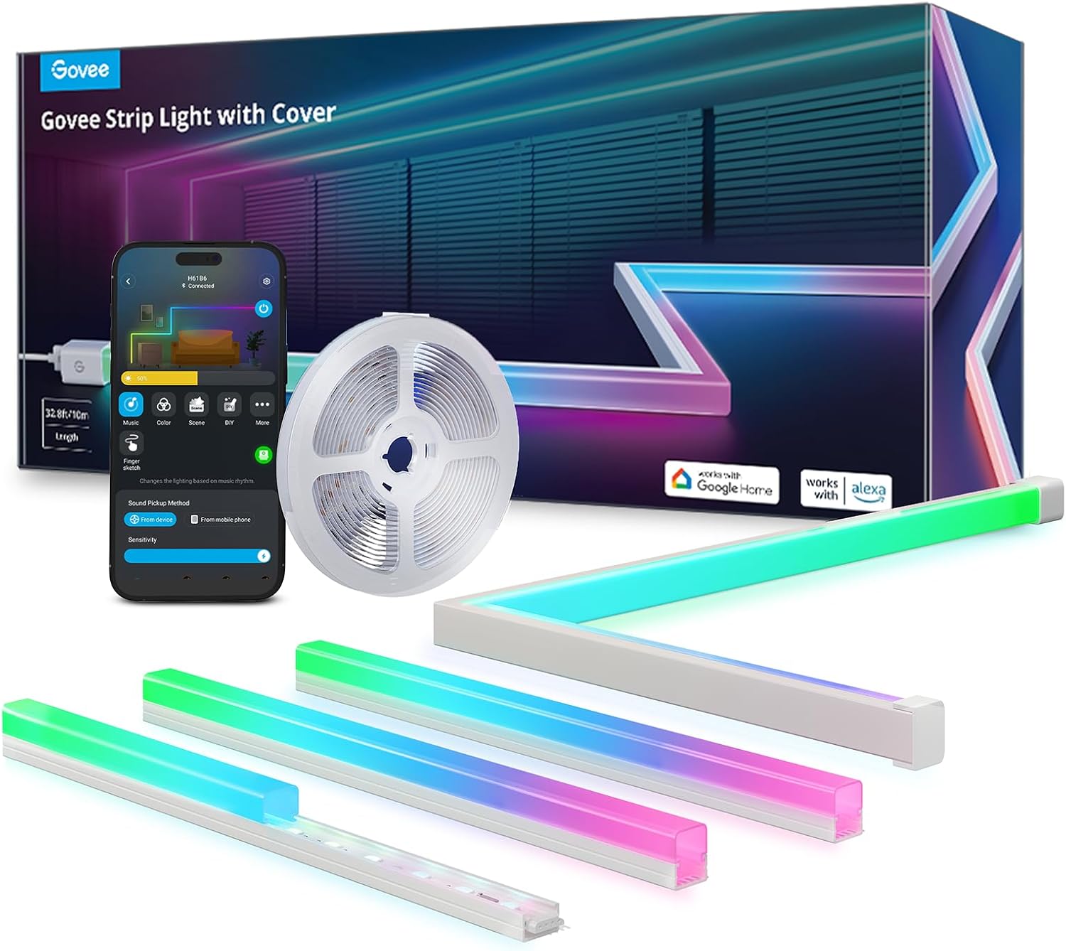 Google Assistant Led RGBIC LED Strip Lights 32.8ft with Covers, Smart Lights Work with Alexa ...