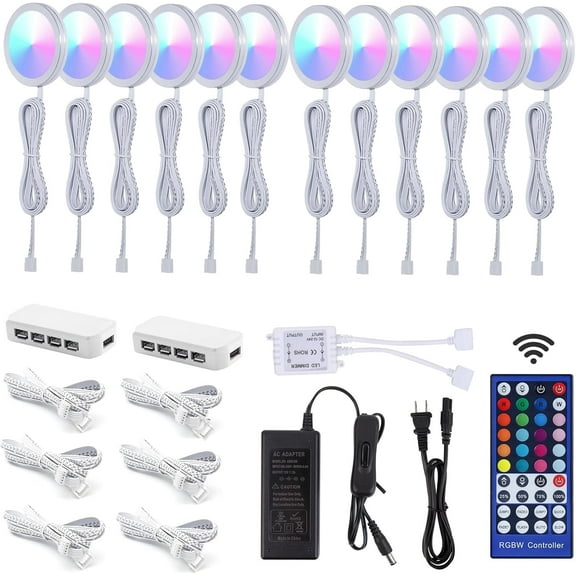 Color Changing RGBW/RGBWW Puck Lights - 12 Pack with Remote Control for Kitchen, Counter, and Showcase Decoration