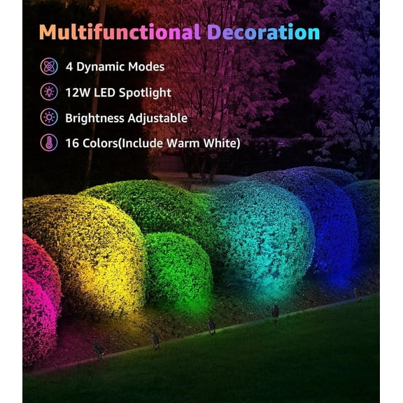 RGBW Spot Lights Outdoor Color Changing Landscape Lighting 12W LED Outdoor Spotlights with Remote Control 120V Waterproof Colored Spotlights for House Garden Yard Tree Decorative, 6 Pack
