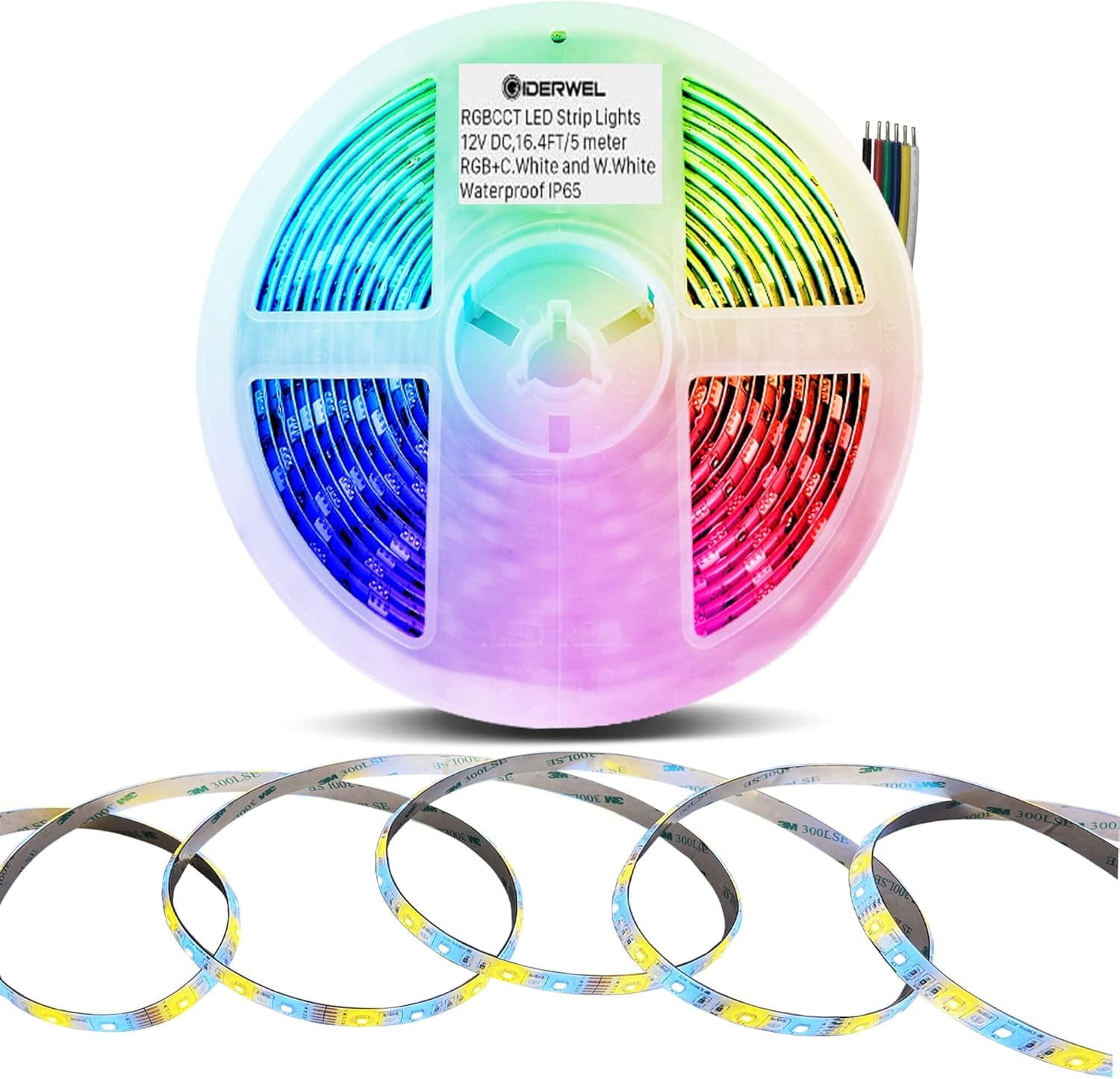 RGBWW LED Light Strip, 12 feet (about 5.0 meters), dimmable RGB + cool white + warm white color change, 450 LEDs (2700K-6000K), 6-wire 12V RGBCCT full-color atmosphere LED light strip, only the light