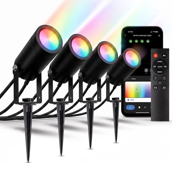 Novelty Lights Color Changing Landscape Spot Lights 4 Pack, Smart RGB+WW Outdoor LED Uplights with Remote, Dimmable, 16 Million Colors, 2200K6500K White, Waterproof for Garden, Yard, Trees