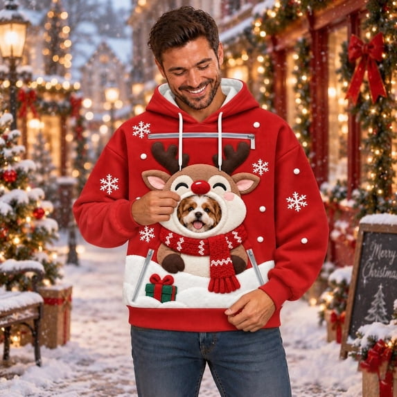 RGGEEUN Dog Pouch Hoodies Pet Carrier Hoodies Christmas Reindeer Graphic Long Sleeve Hooded Pullover with Pocket Mens Sweatshirt for Small Dogs and Cats Travel Party,XL