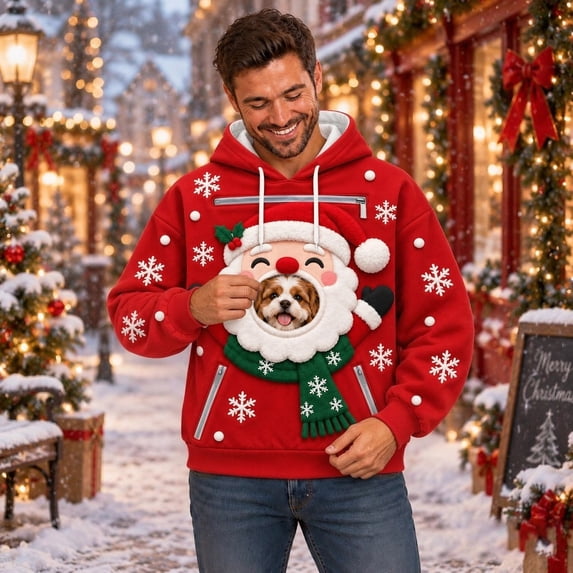 RGGEEUN Dog Pouch Hoodies Pet Carrier Hoodies Christmas Santa Graphic Long Sleeve Hooded Pullover with Pocket Mens Sweatshirt for Small Dogs and Cats Travel Party,Xs