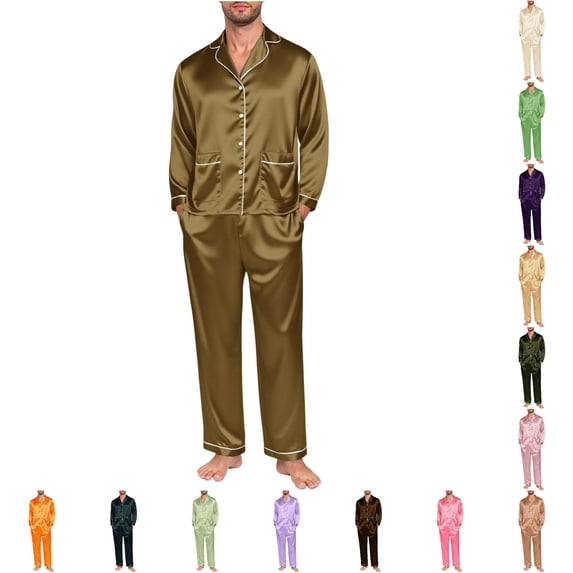 RGGEEUN Family Christmas Pajamas Matching Sets Lapel Long Sleeve Tops Satin Pants Xmas Holiday Sleepwear Pjs Set Party Night