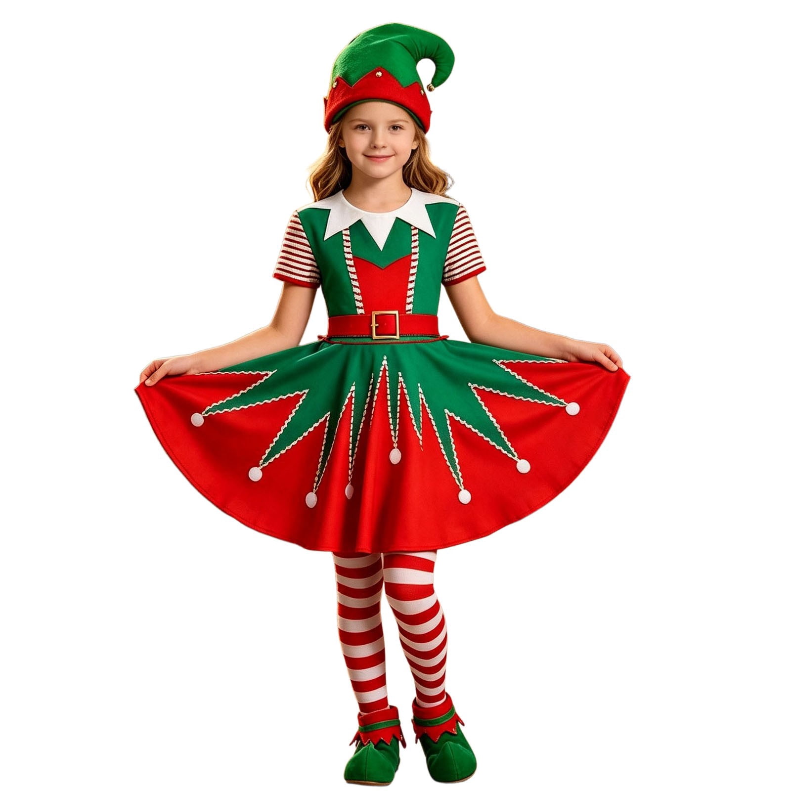 RGGEEUN Girls Elf Set with Dress, Hat, Tights and Shoe Covers ...