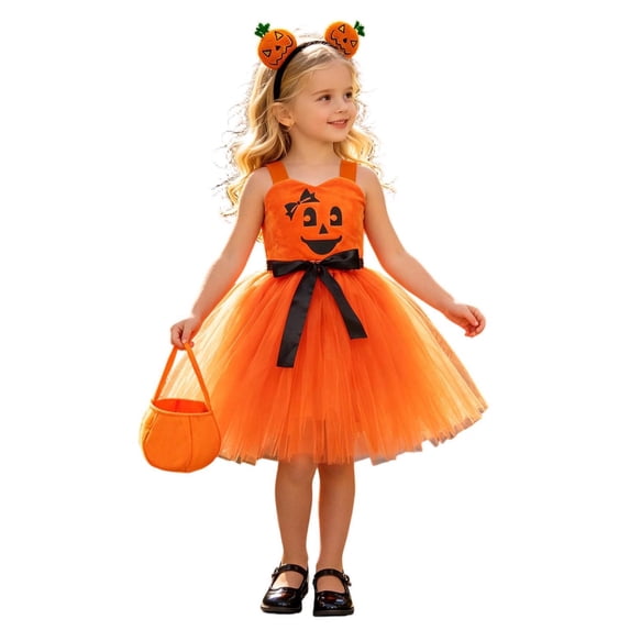 RGGEEUN Girls Halloween Dress Wide Strap Square Neck Pumpkin Face Print ...