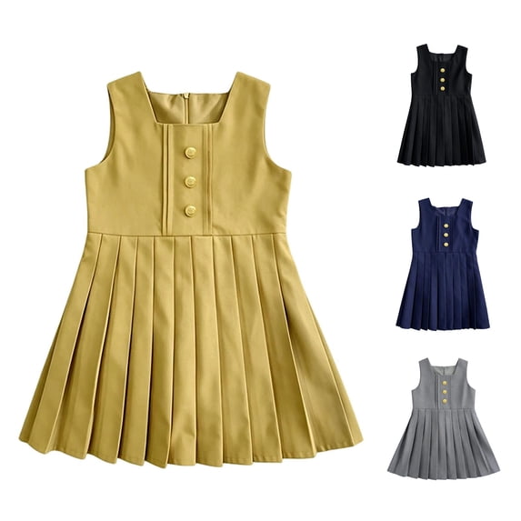 Coloufull Button RGGEEUN Girls Pleated Dress Square Neck Sleeveless Button Solid Color ...