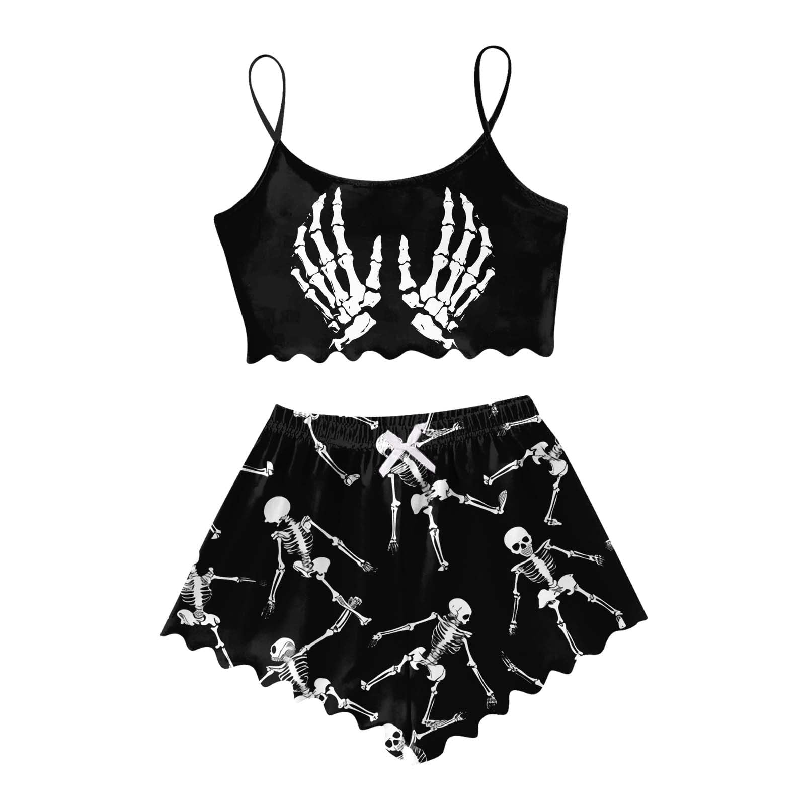 How To Ruffle Pasta RGGEEUN Halloween Womens Pajama Set Skeleton Graphic Spaghetti Strap ...