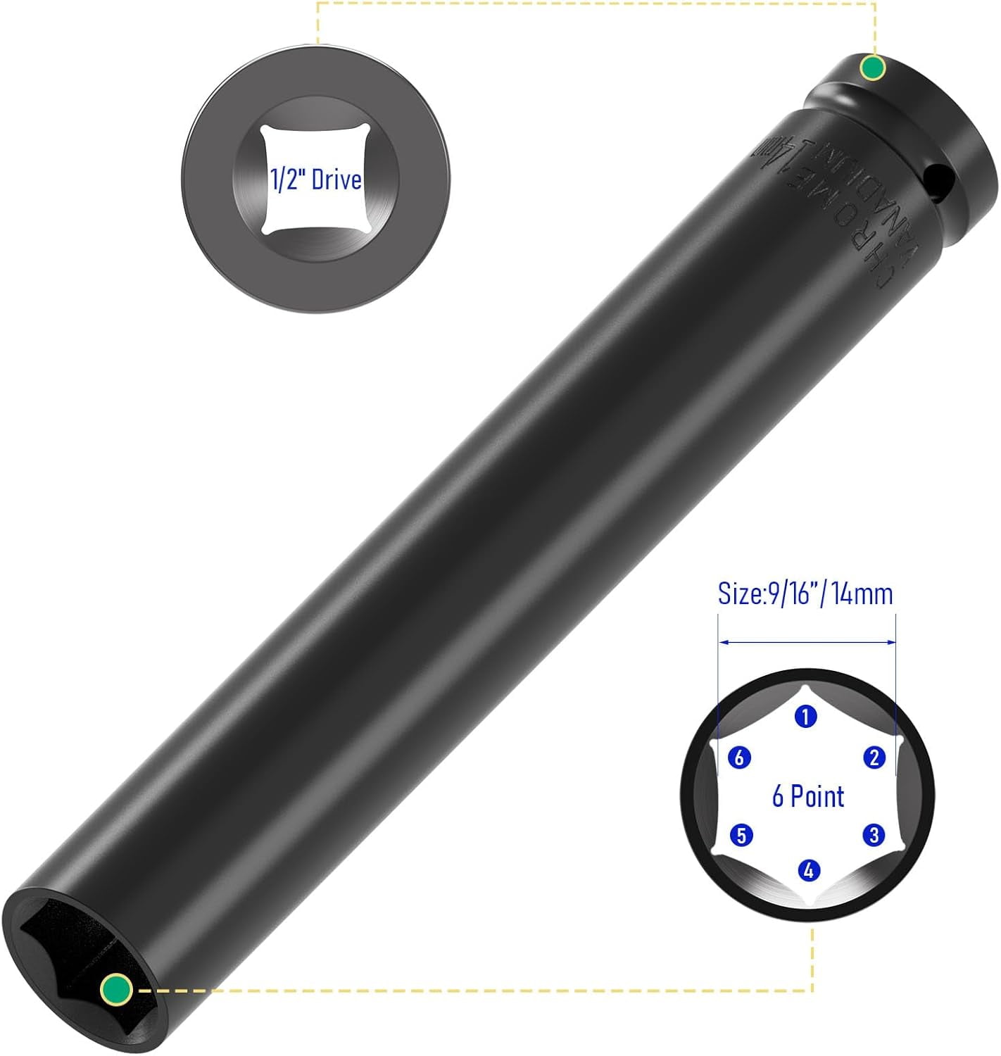 RGHJAR-1/2" Inch Drive Socket Accessory Set, 14mm(9/16") Deep 6-Point Impact Socket 6 Inch Length and 1/4 Inch Hex Shank Adapter, Heat-Treated CR-V Deep Impact Socket Kit