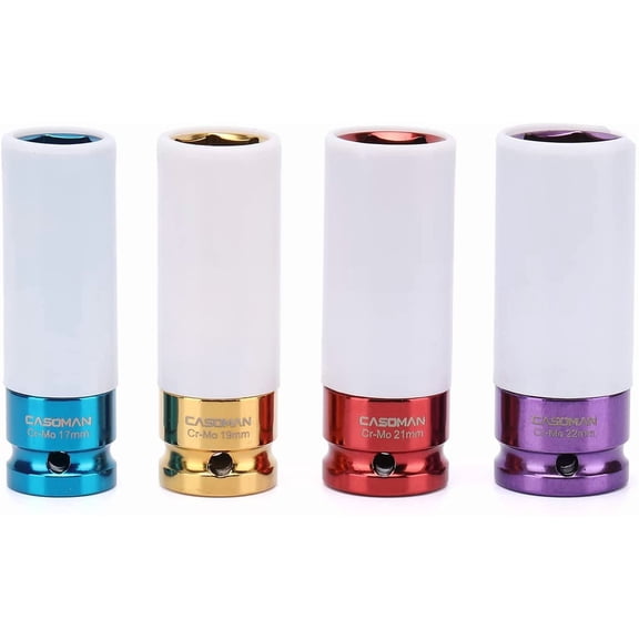 RGHJAR-1/2- Inch Drive Wheel Protector Impact Socket, 1/2" Thin Wall Deep Impact Socket Set Plastic Sleeve Lug Nut, 4 Pieces Set, 6 Point,Metric, 17mm,19mm,21mm,22mm