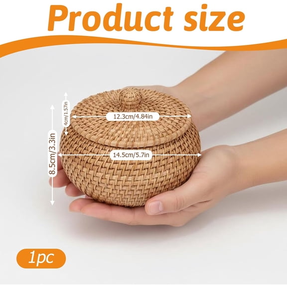 RGHJAR-1 Pc Small Rattan Basket Box with Lid, 4.8"X3.3" Round Handmade Woven Storage Basket Multi-Purpose Decorative Handwoven Rattan Baskets Small Keys Baskets Bowl for Home, Entryway, Bathroom Deco