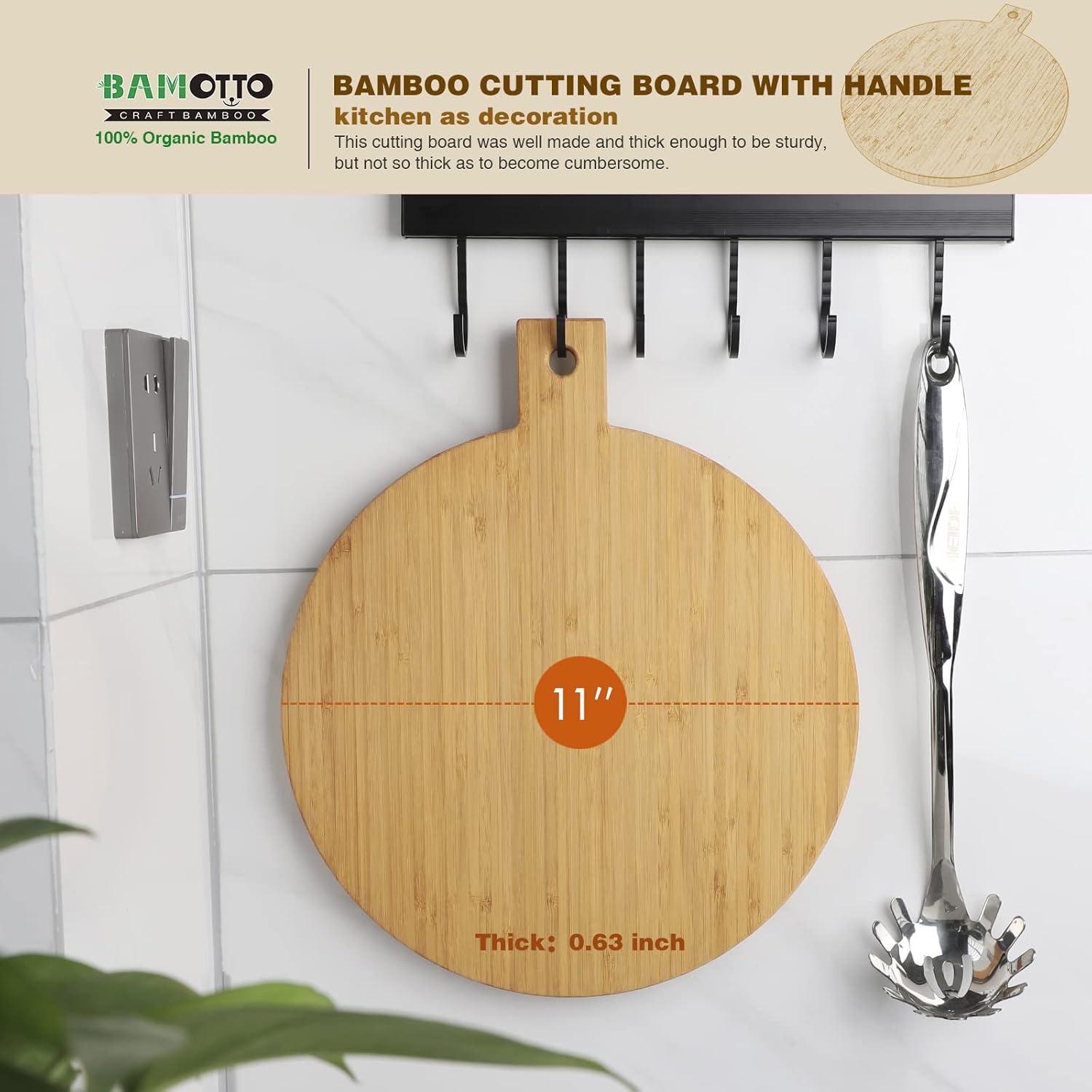 RGHJAR-100% Bamboo Round Cutting Board with Handle 13x11x0.63" - Hanging Decorative Charcuterie Board, Pizza Bread Snack Cookie Tray for Kitchen