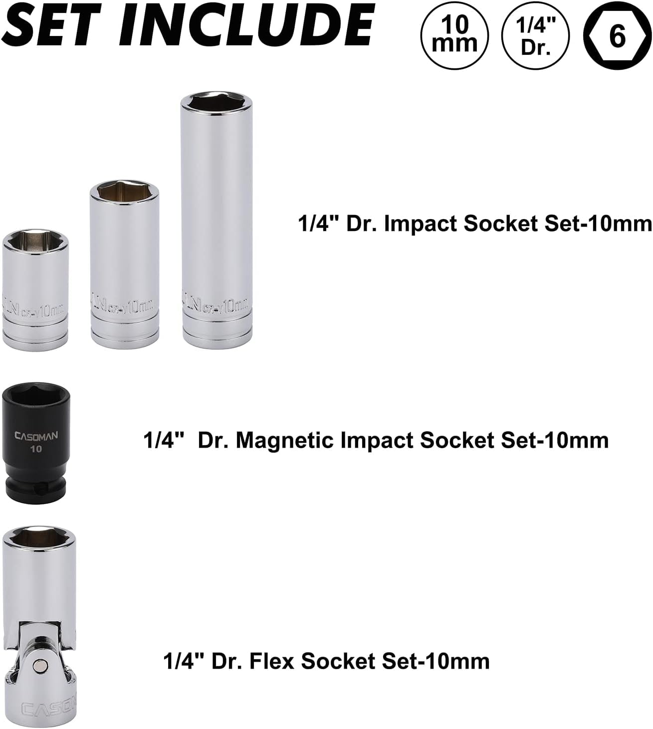 RGHJAR-10Pcs Impact Socket & Flex Socket Set, 1/4" & 3/8" Dr., 6-Point, 10mm, Metric, Include Magnetic impacet Socket, Storage Rail