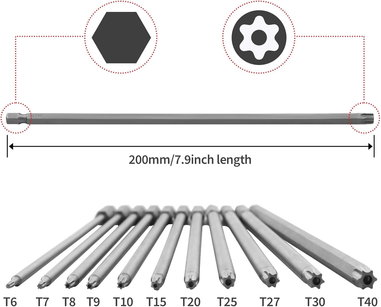 RGHJAR-11pcs 200mm Extra Long Torx Bit Set Screwdriver, Security Torx Bits Socket Set, Tamper Proof 1/4'' Hex Shank with Magnetic Head S2 Steel Star Phillips Impact Driver Drill Safety Star Bit Set (