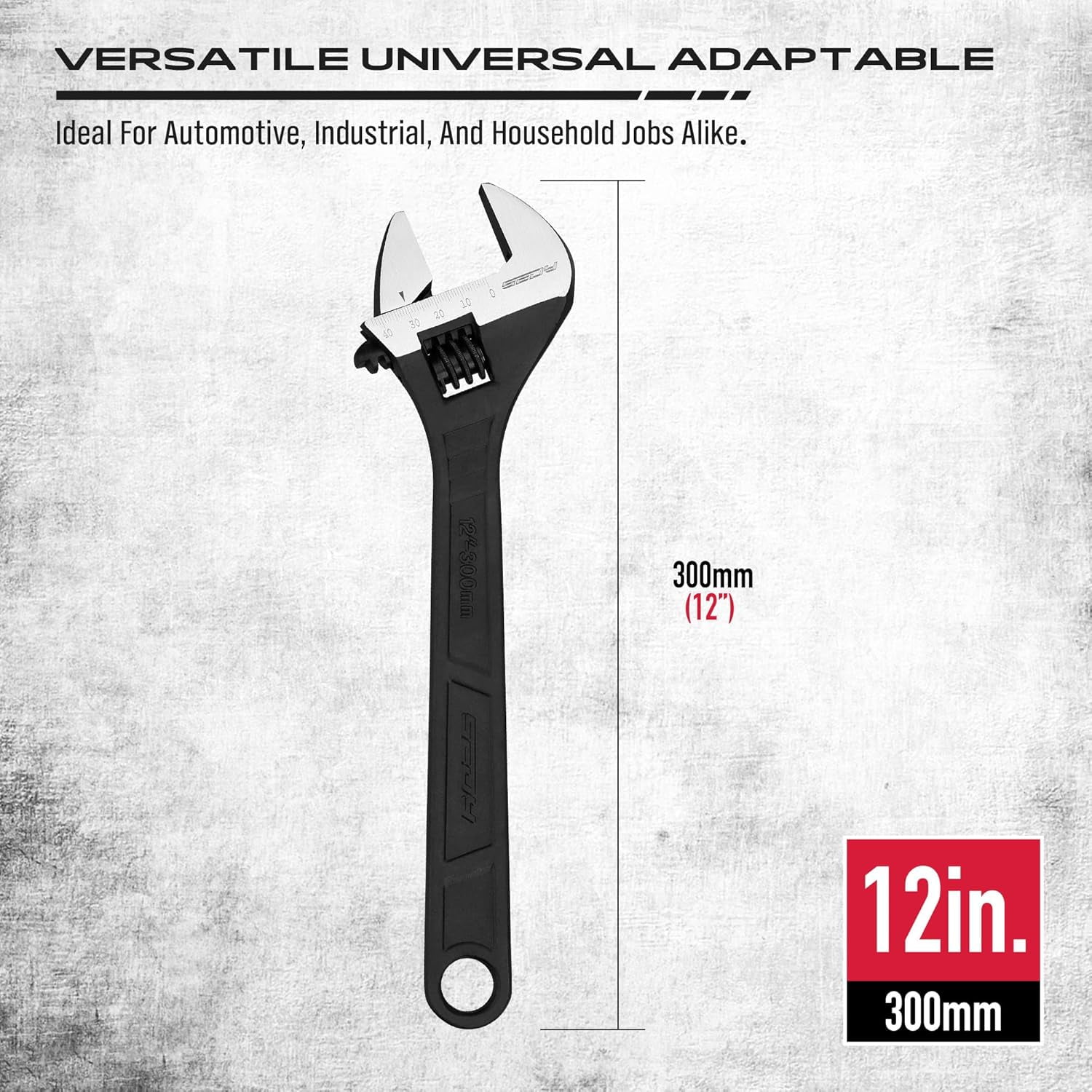 RGHJAR-12-Inch Adjustable Wrench, Black Oxide Finish Wide Jaw Spanner with Inch/Metric Scale, Premium Drop Forged Steel for Automotive Plumbing and Household Repairs