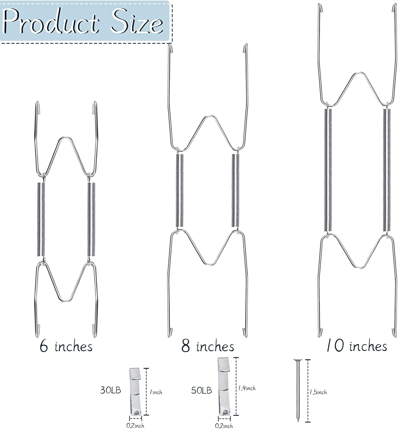 RGHJAR-12 Pcs Plate Hangers for The Wall 6, 8, 10 Inches Sliver Wall Invisible Heavy Duty Stainless Decorative Wire Plate Hangers Stainless with 12 Pcs Hooks with Nails for Indoor Decorative