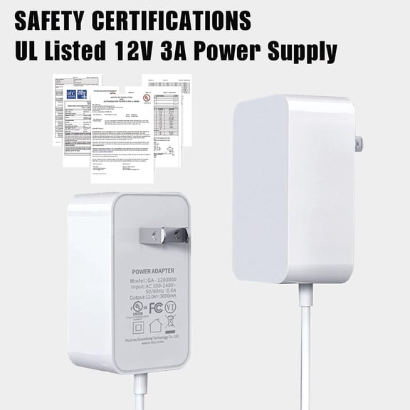 RGHJAR-12V 3A Power Supply, UL Listed AC 100-240V to DC 12 Volt Power Adapter for LED Strip Lights, Security Camera, Router & CCTV, 36W Lighting Transformer with 5.5mm x 2.1mm Plug, 5 ft Cable, White