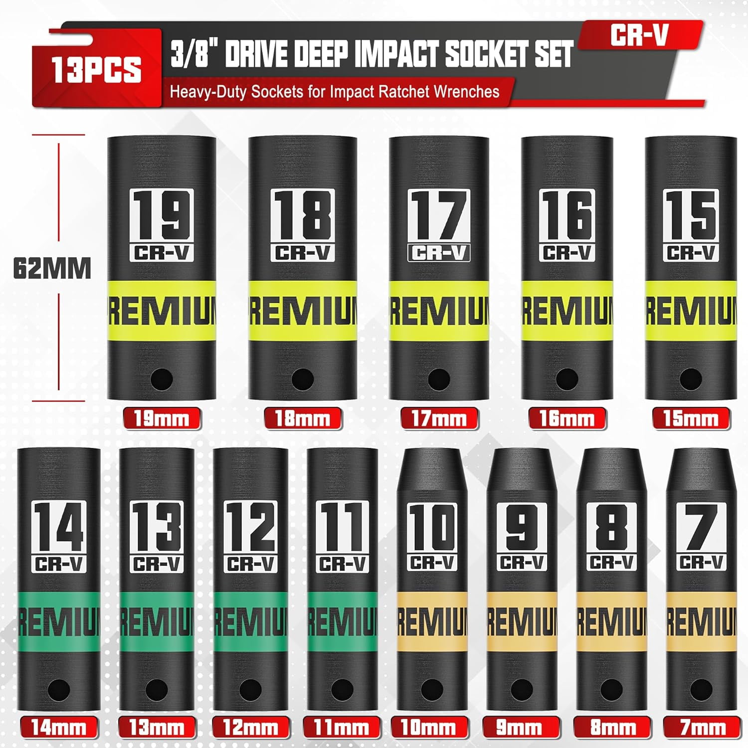 RGHJAR-13-Piece 3/8" Drive Deep Impact Socket Set, 7-19mm, CR-V, 6 Point, Heavy-Duty Sockets for Impact Wrenches, Automotive and Home
