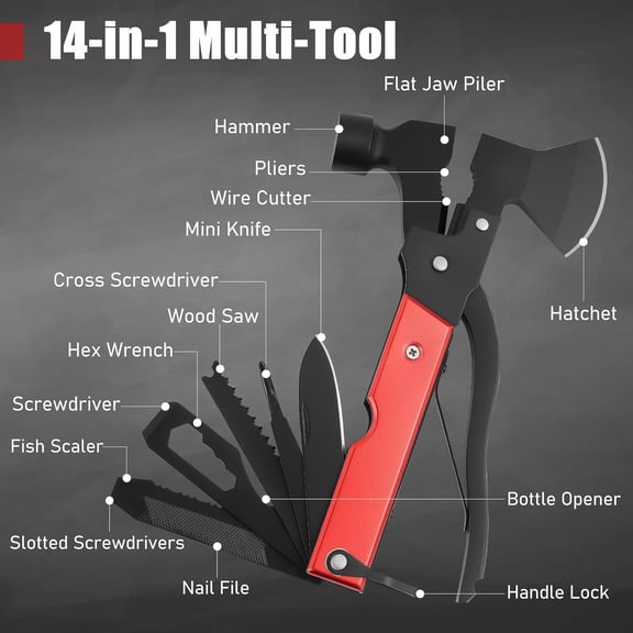 RGHJAR-14-In-1 Multitool Camping Hammer - Survival Gear with Axe, Knife, Screwdriver, Pleirs, Saw, Bottle Opener and More -Portable Outdoor Tool Gift with Nylon Sheath for Men & Dad