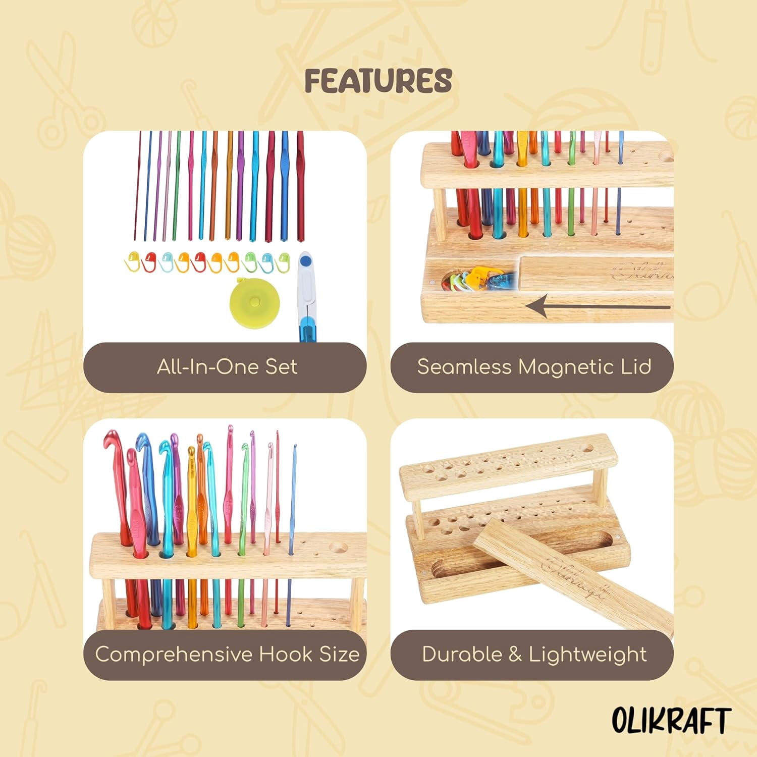 RGHJAR-14-Piece Ergonomic Crochet Hook Set with Wooden Holder - Complete Crochet Needle Kit for Crafting Enthusiasts, Includes Essential Crochet Accessories