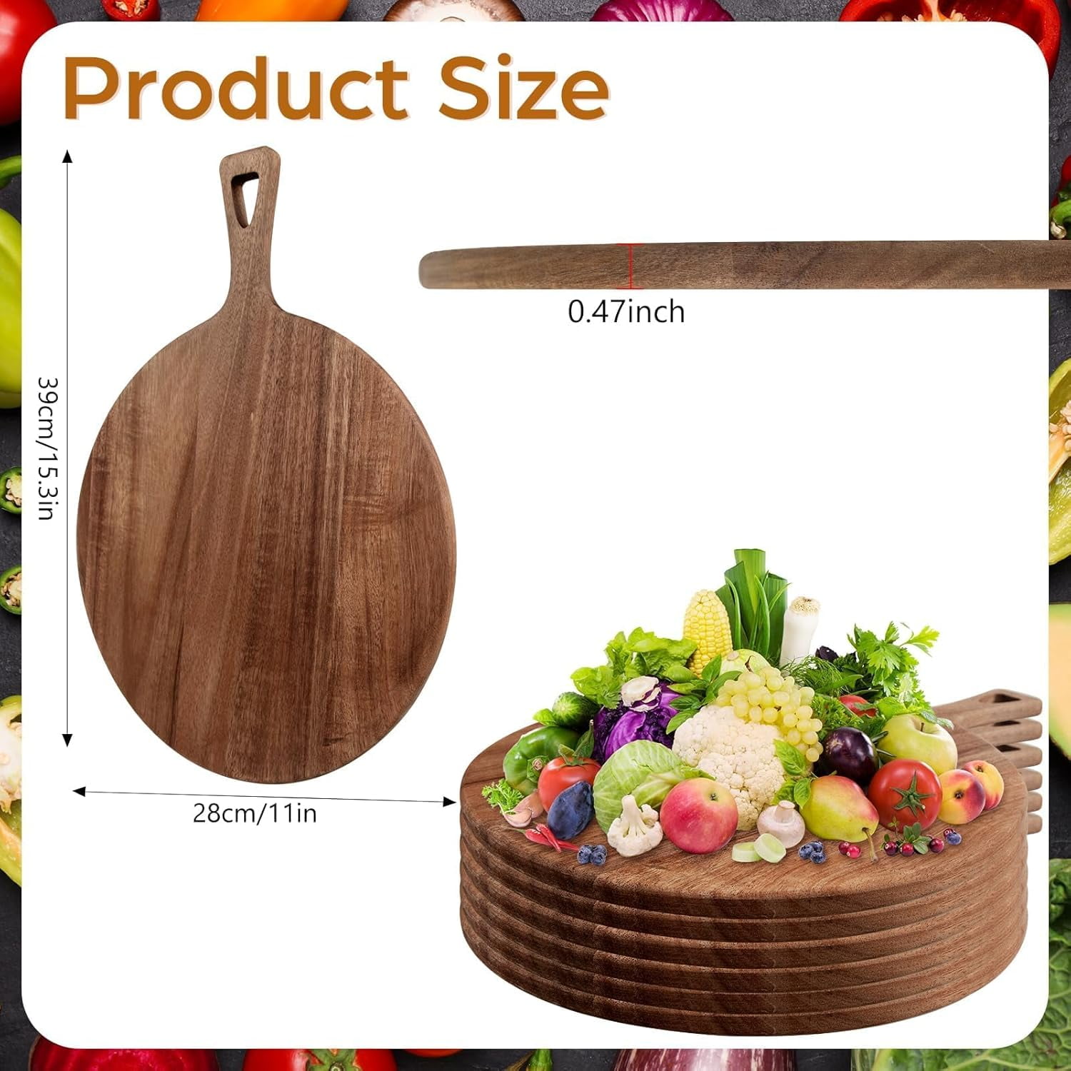 RGHJAR-15.4 x 11.4 Inch Acacia Large Wood Cutting Board with Handle Large Round Wooden Cutting Boards Cutting Serving Board for Kitchen Meat Bread Cheese Pizza Vegetables Board Wedding Housewarming G