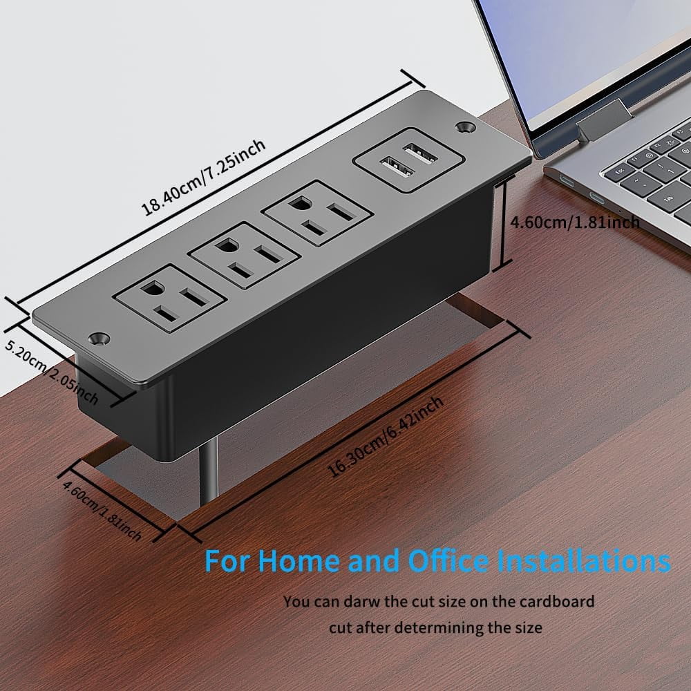 RGHJAR-1500W Recessed Power Strip Flush Mount Power Adapter Charging Station with USB Plug Multiple Surge Protector Hidden Outlet Extender with Extension Cord for Desk Furniture Table Nightstand Bed