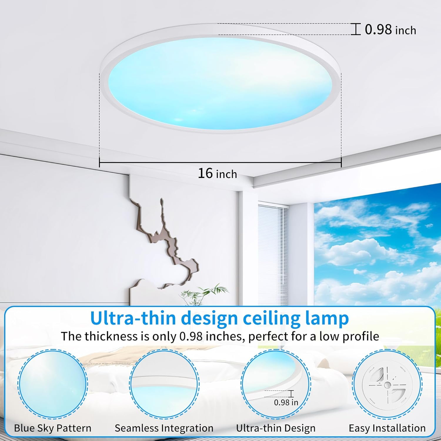 RGHJAR-16 Inch Flush Mount Ceiling Light Fixture,24W Dimmable Ceiling Light with Remote, 3000K/4500K/6000K Adjustable White Ceiling Lights, Blue Sky LED Round Flat Panel Light for Kitchen, Bedroom