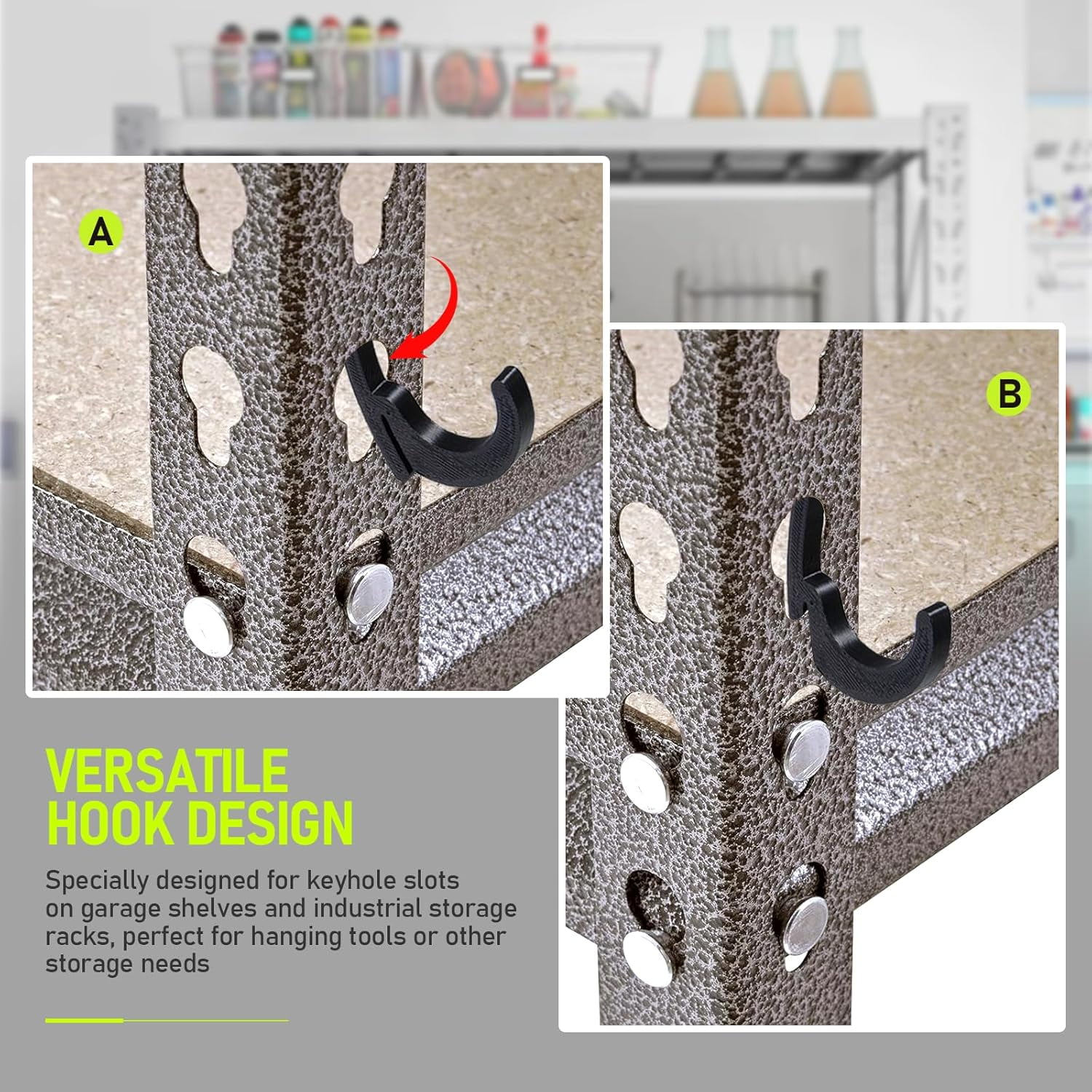 RGHJAR-16 Pcs L-Hooks & J-Hooks for Garage Shelving & Industrial Storage Racks, UV-Resistant, Supports Up to 40 lbs,Compatible with Keyhole Slots