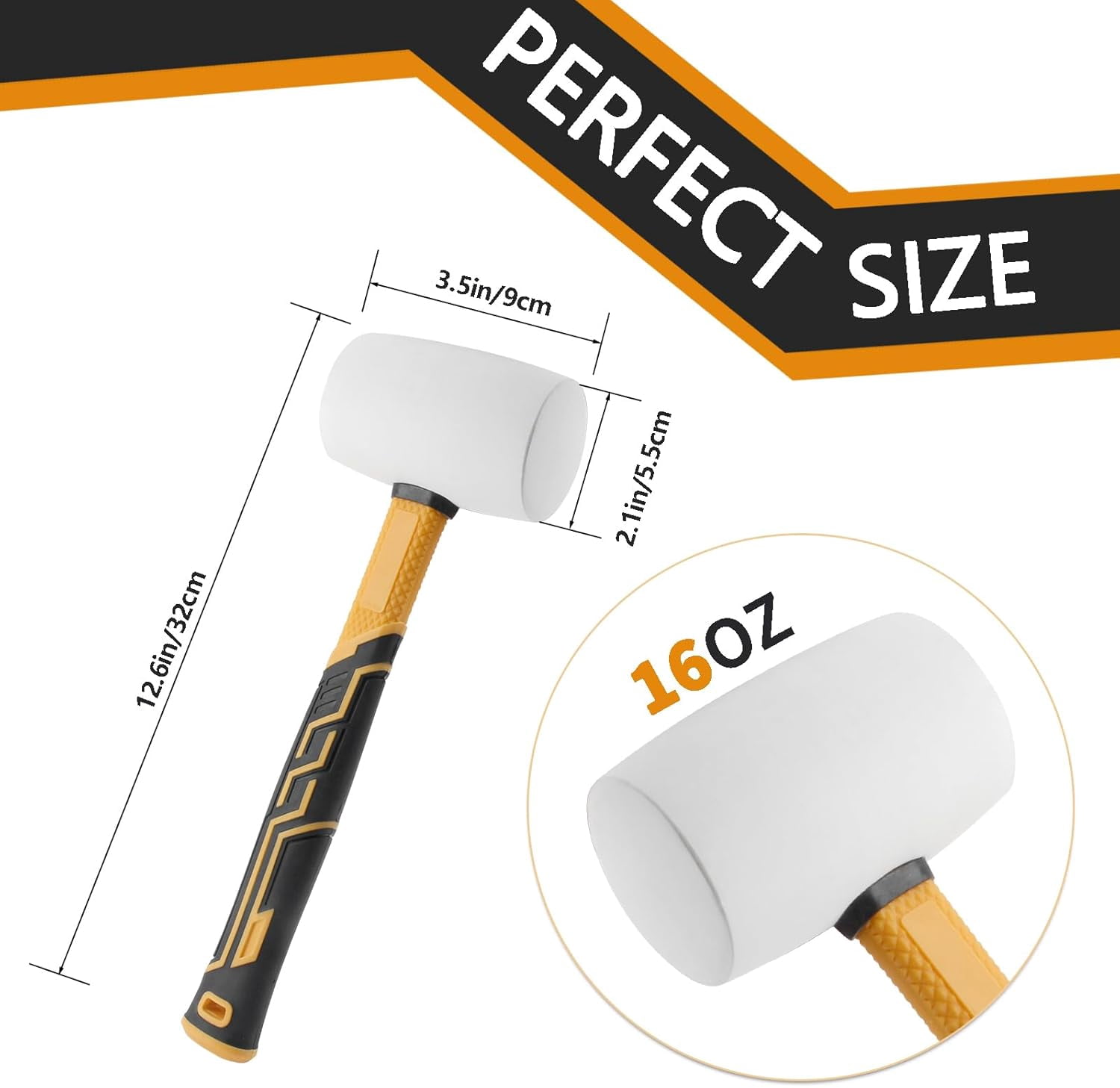 RGHJAR-16oz Fiberglass Handle White Rubber Mallet and 35mm Double-Faced Soft Mallet, Non-Slip Ergonomic Grip for Flooring, Tent Stakes, Woodworking, Camping, Crafts