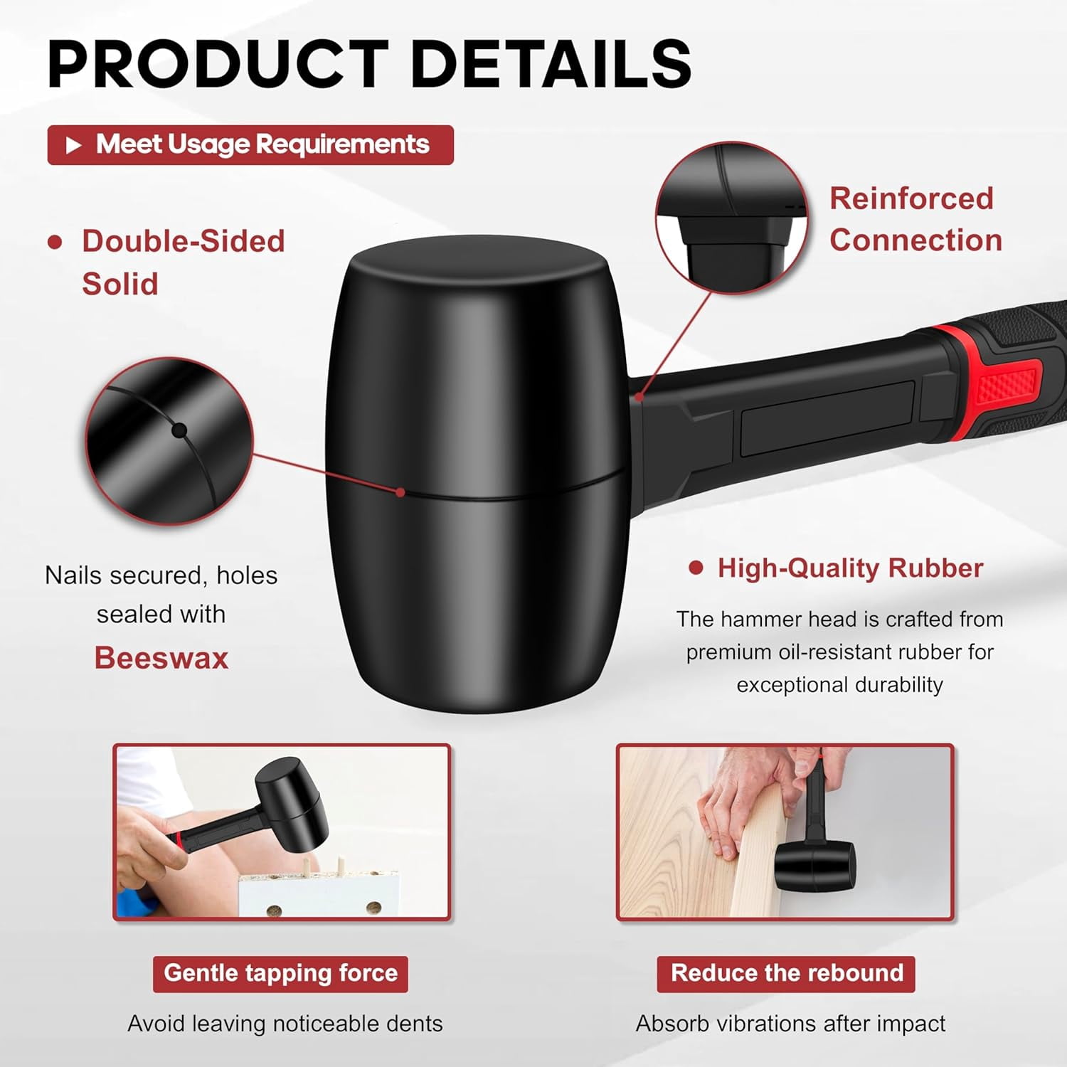 RGHJAR-16oz Rubber Mallet Hammer,Double Faced Soft Mallets,Durable Solid Rubber Head,Fiberglass Handle,Ergonomic Grip,Mallet for Flooring,Tent,Woodworking,Camping,Soft Blow Task without Damage