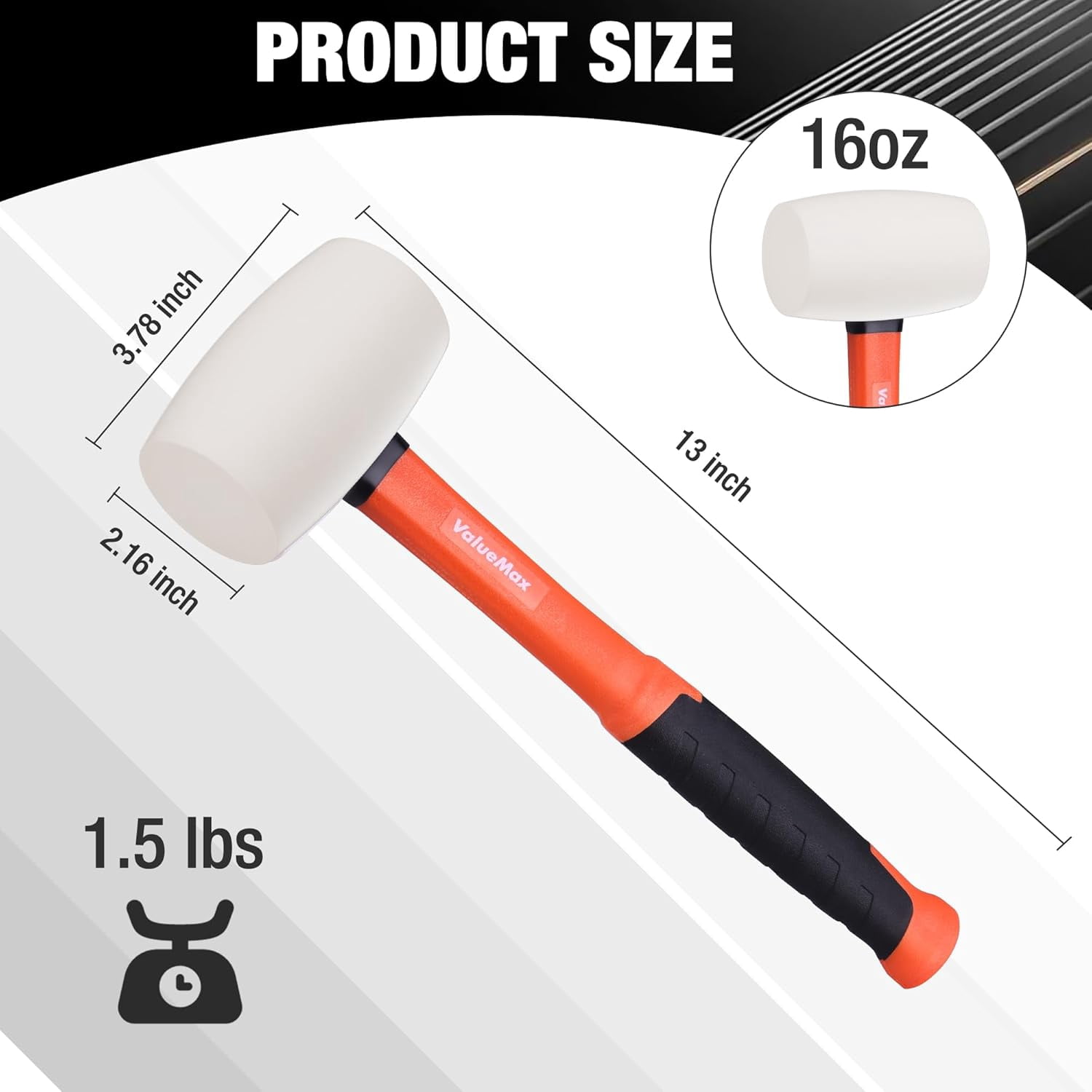 RGHJAR-16oz Rubber Mallet Hammer, Fiberglass Handle, Solid Head, Rubber Mallet for Flooring, Tent Stakes, Woodworking, Camping, Soft Blow Tasks without Damage, White