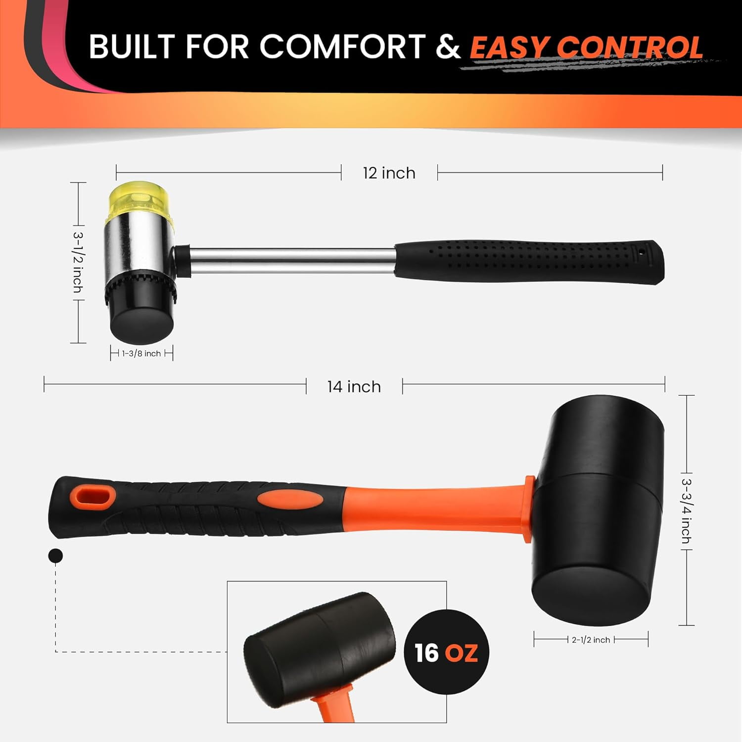 RGHJAR-16oz Rubber Mallet Hammer Set with 35mm Double Faced Soft Rubber Mallet with Fiberglass Handle, TPR Grip, Solid Head, 2 Piece Black Set for Camping, Flooring, Woodworking & Tent Stakes