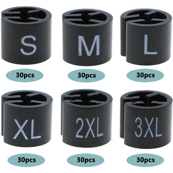 RGHJAR-180PCS Round Plastic Hanger Size Marking Button S/M/L/XL/2XL/3XL Black Code Garment Size Marking Tool Suitable for 3-5mm Hanger Rod