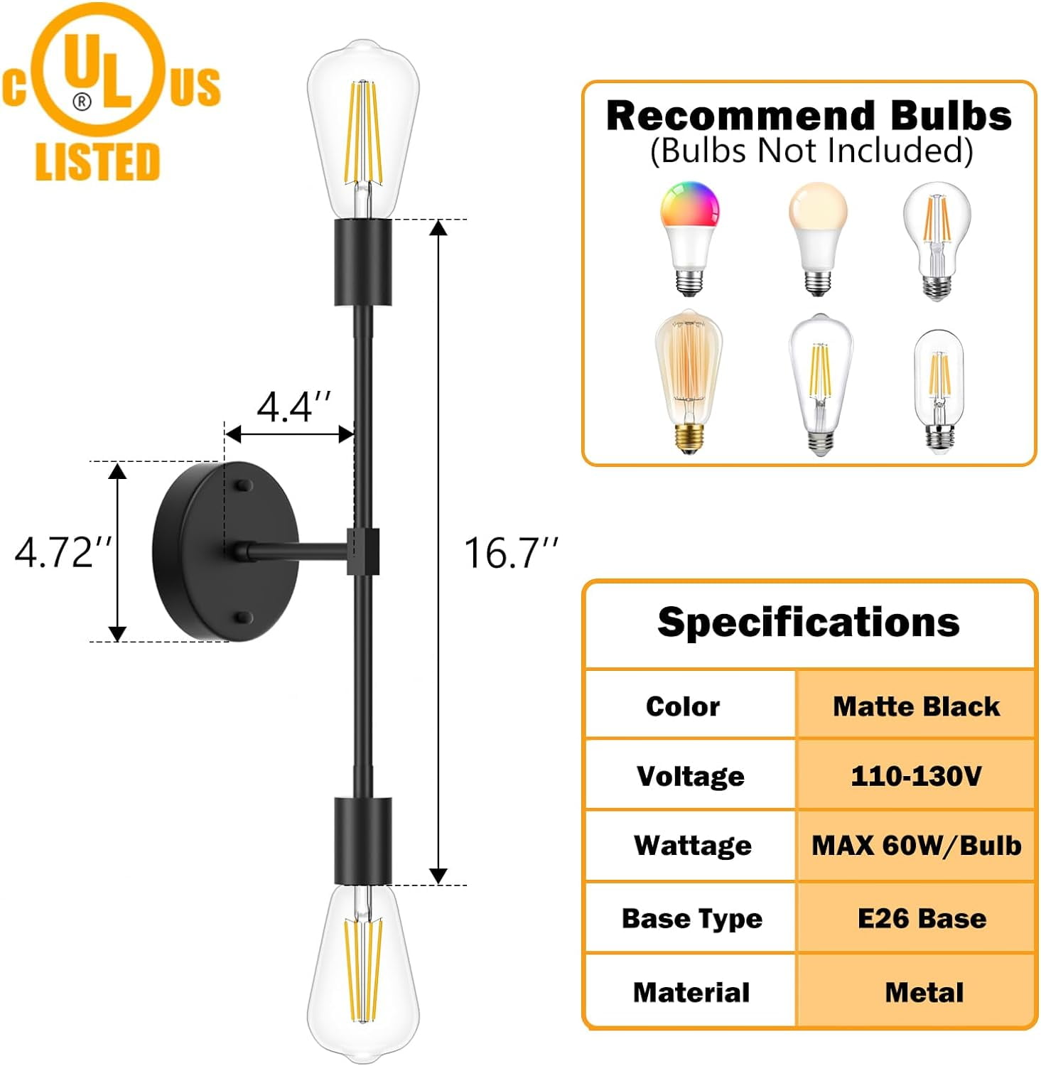 RGHJAR-2-Light Black Bathroom Lighting Over Mirror, Modern Sconces Wall Light Fixtures, Indoor Semi Flush Mount Ceiling Light for Hallway Bedroom Kitchen (1 Pack)