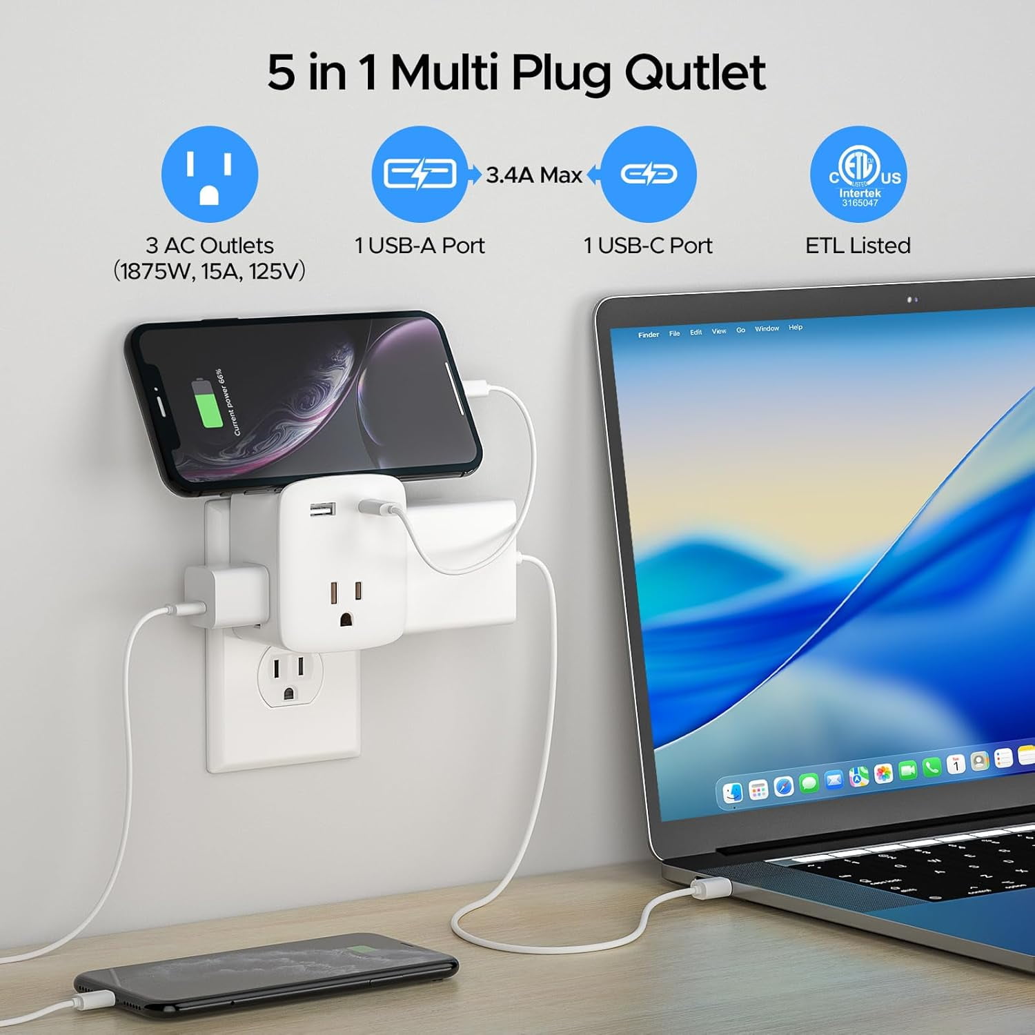 RGHJAR-2 Pack Cruise Ship Approved Outlet Extender, Non Surge Protector Power Strip with 3 AC Outlets & 2 USB (1 USB-C), Multi Plug Adapter, Travel Cruise Essentials, ETL Listed.
