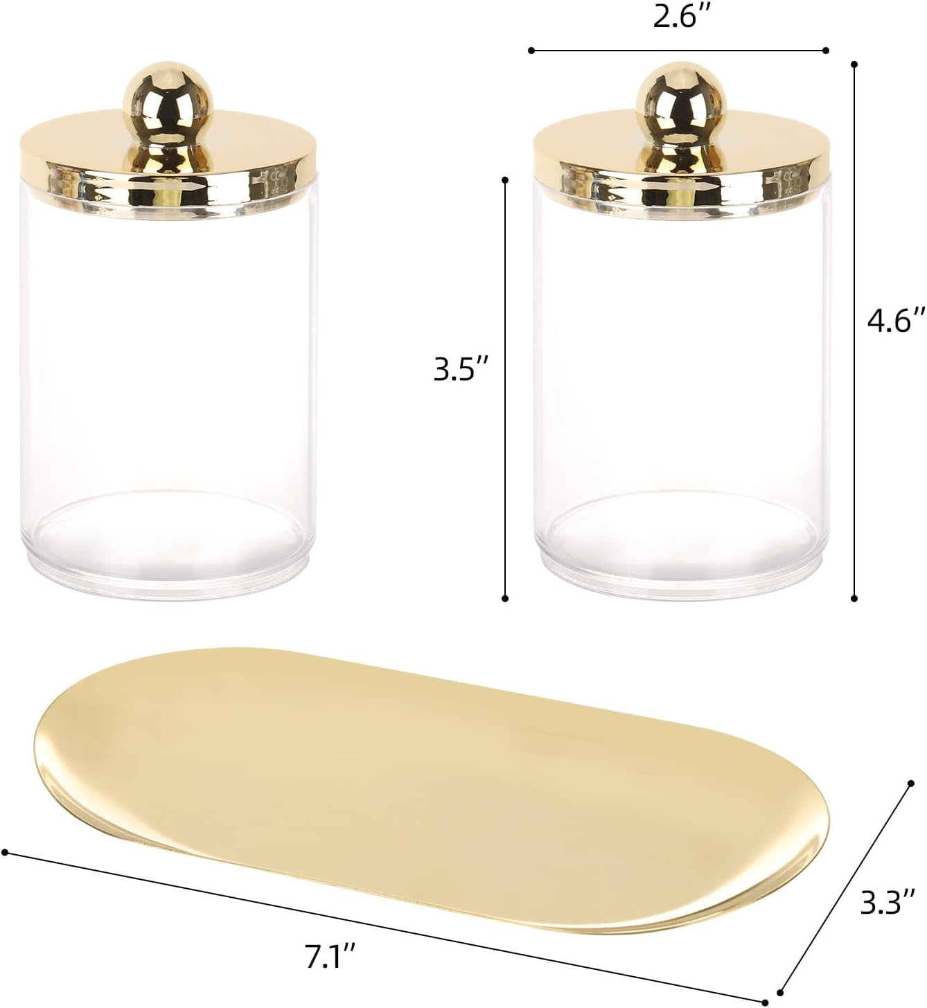 RGHJAR-2 Pack Qtip Holder with Gold Tray, 10oz Plastic Canister Apothecary Jar for Cotton Swabs, Balls, Pads, Floss Picks - Clear Bathroom Essentials Accessories Decor