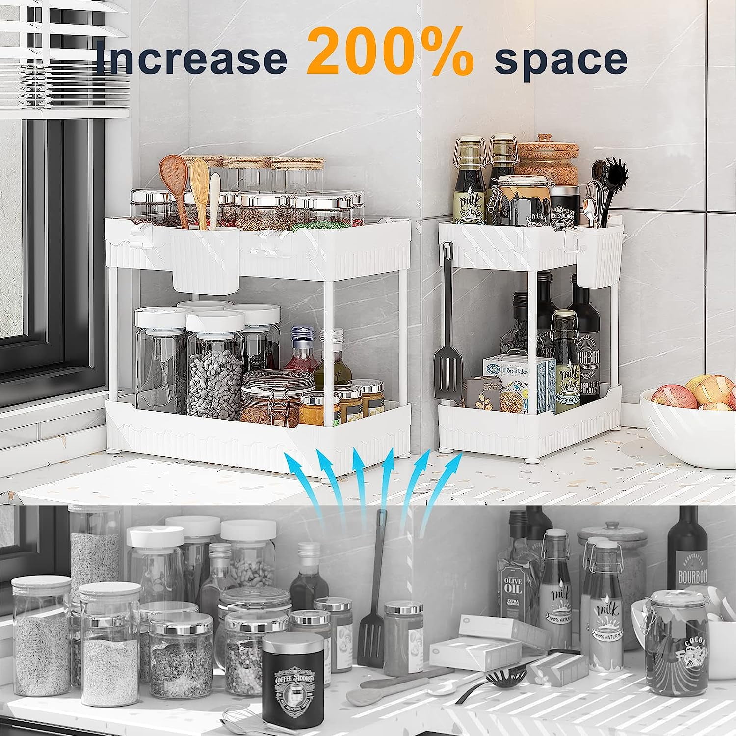 RGHJAR-2 Pack Under Sink Organizer, Under Bathroom Cabinet Organizer with Hooks Hanging Cup, Multi-Purpose Storage Shelf for Kitchen Bathroom (White, 12.8 Inch)