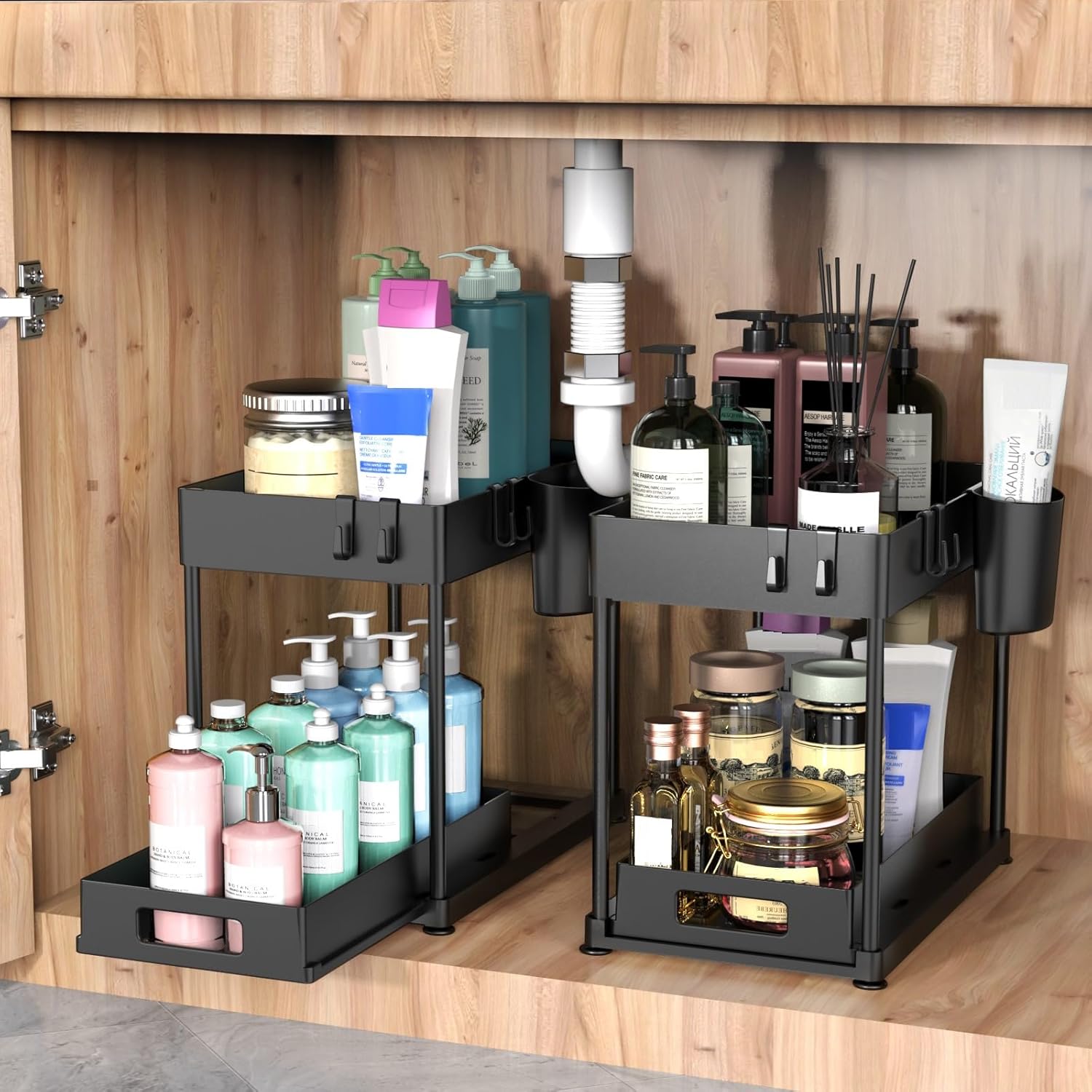 RGHJAR-2 Pack Under Sink Organizer with Pull-Out Drawer, 2-Tier Cabinet Storage for Kitchen & Bathroom, Tool-Free Assembly, Fits Cleaning Supplies & Toiletries, Space Saving for Small Cabinets, Black