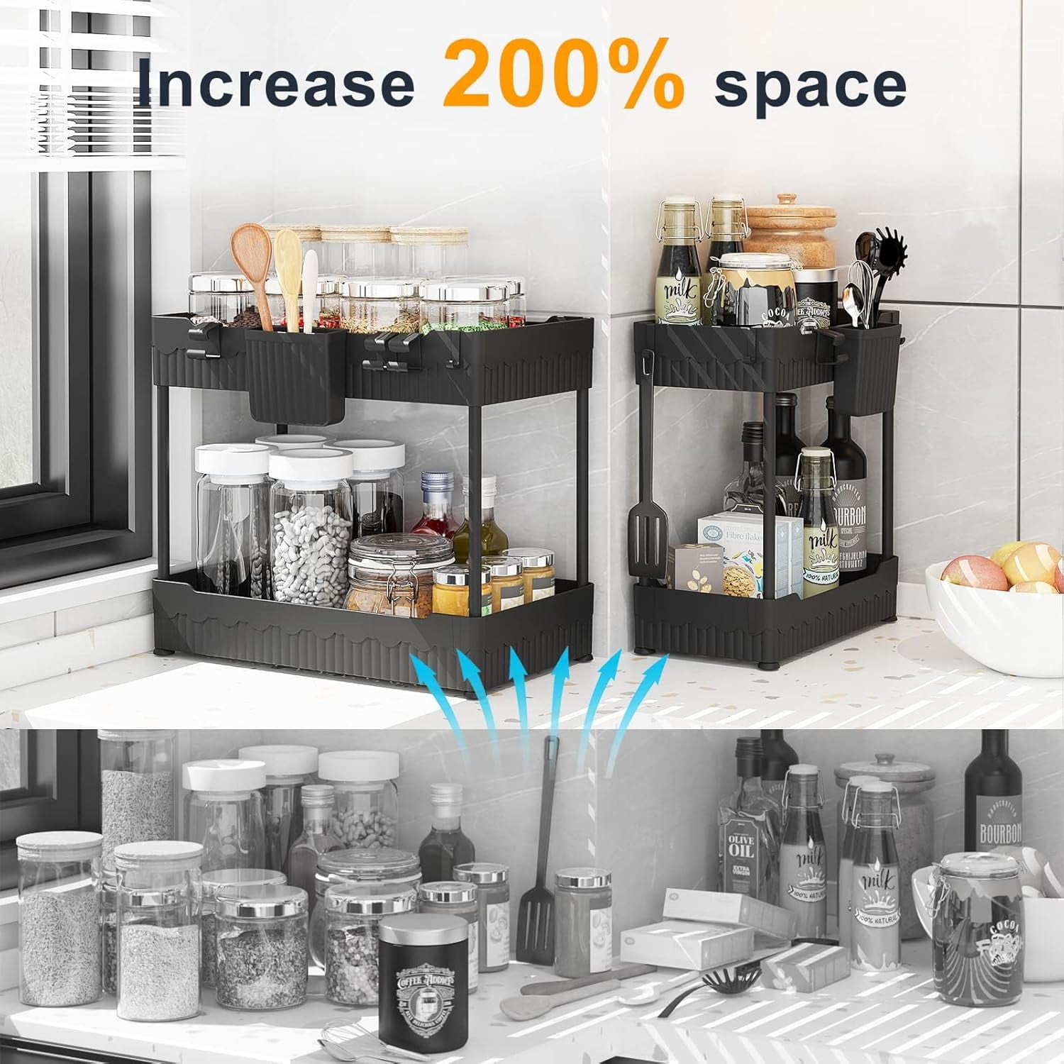 RGHJAR-2 Pack Under Sink Organizer, Under Bathroom Cabinet Organizer with Hooks Hanging Cup, Multi-Purpose Storage Shelf for Kitchen Bathroom, Black