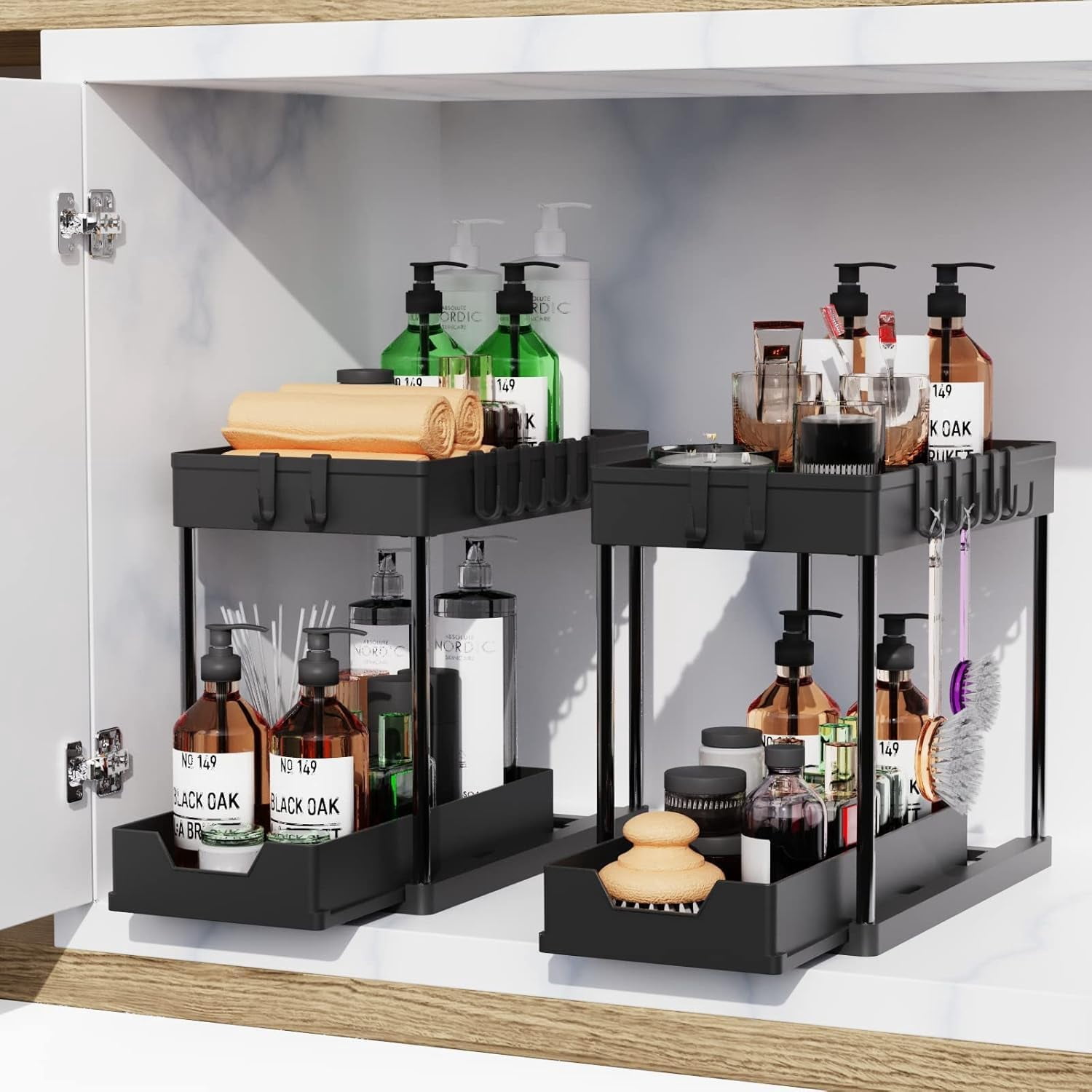 RGHJAR-2 Pack black Under Sink Organizers and Storage, 2-Tier Sliding Cabinet Basket Organizer with Hooks, Multi-Purpose Under Sink Organizers and Storage for Bathroom Kitchen