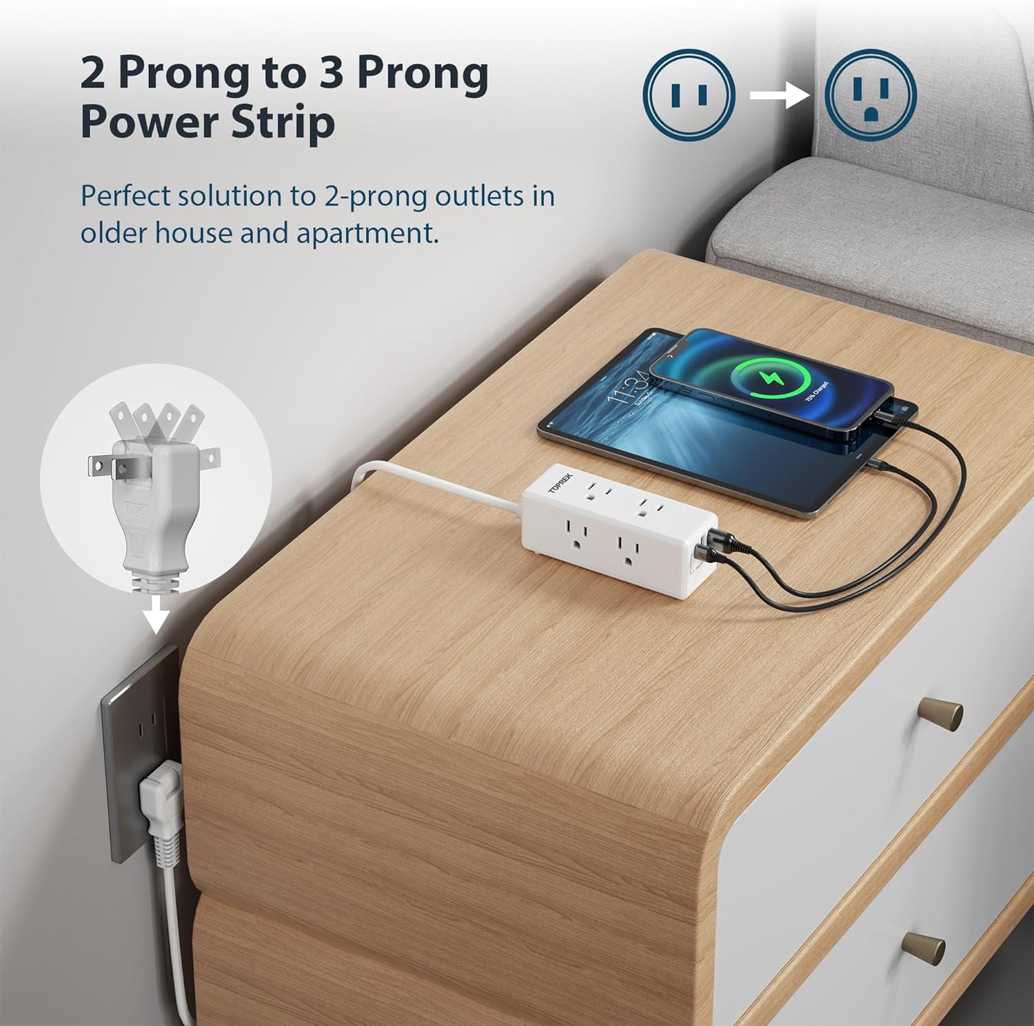 RGHJAR-2 Prong Power Strip, 2 Prong to 3 Prong Outlet Adapter, 1440J 2 Prong Surge Protector with 6 Outlets & 3 USB, 5FT 2 Prong Extension Cord with Swiveling Flat Plug, Ideal for Non-Grounded Outle