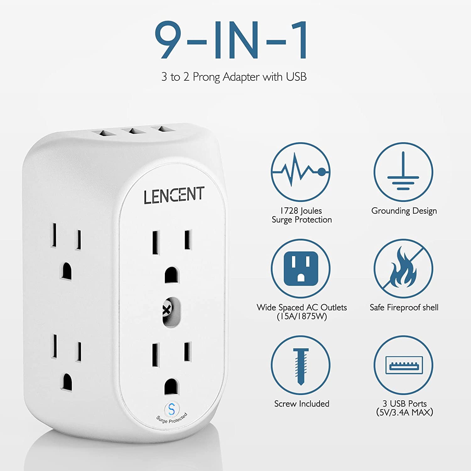 RGHJAR-2 Prong Surge Protector Power Strip with USB Ports,2 Prong to 3 Prong Grounding Outlet Adapter,Multi Plug Wall Outlet with 6 Outlets 3 USB,Wall Plug Extender for Non Grounded Older House