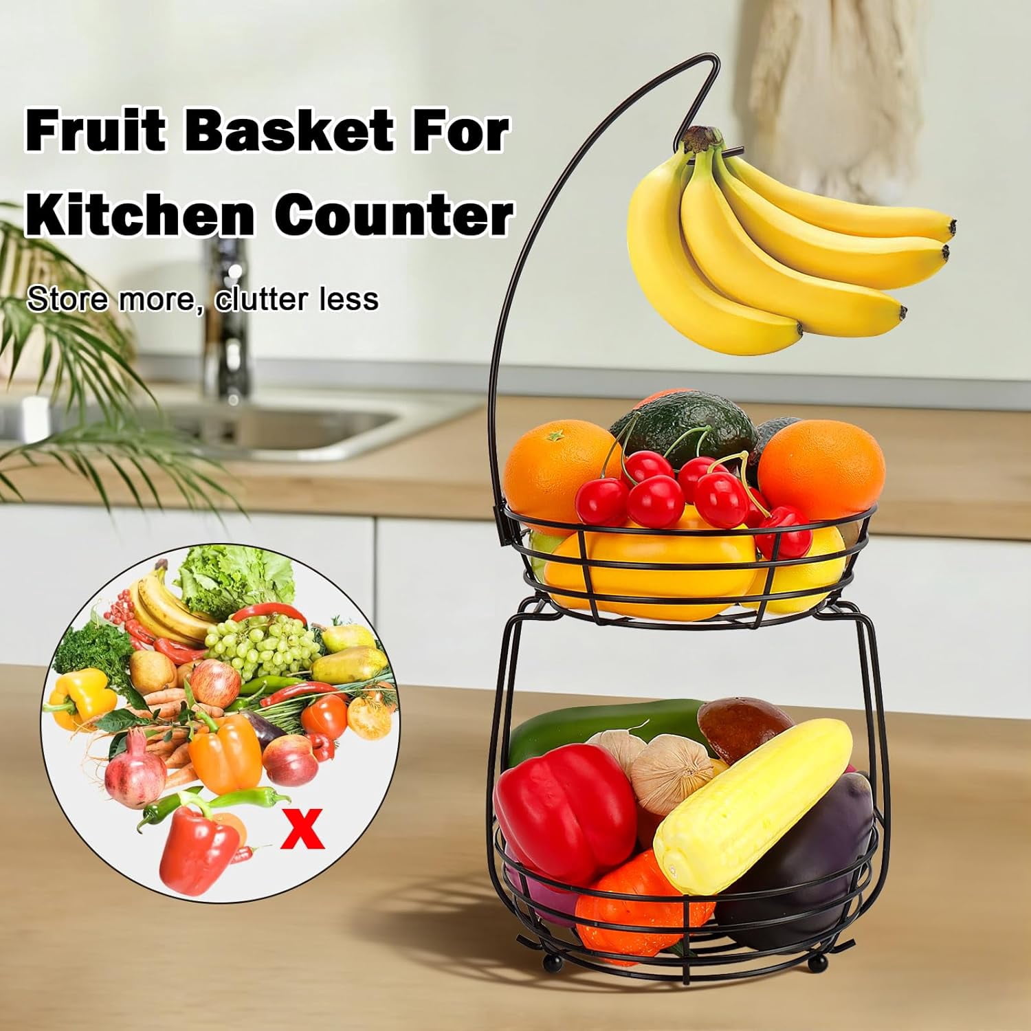 RGHJAR-2 Tier Fruit Bowl, Stackable Fruit Basket-Vegetable Holder, Large Capacity Thick Metal Wire Basket with Banana Hanger, Kitchen Countertop Fruit Veggies Storage, Black