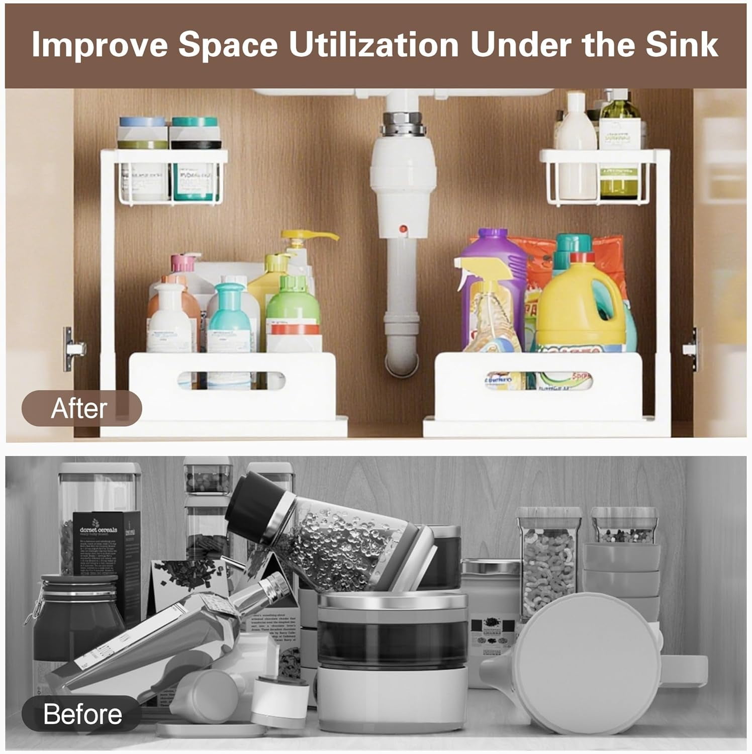 RGHJAR-2 Tier Under Sink Organizer and Storage, Slide Out Pull Out Cabinet Organizer Shelf, Storage for Kitchen Bathroom Laundry, 1Pack, White