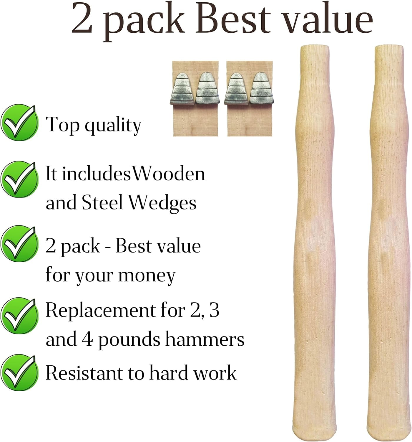 RGHJAR-2 pack Wood Sledge hammer handle replacement for 2, 3 and 4 lb Complete Set with Wooden and Steel Wedges - Wood replacement ball pien hammer handle - Wood tool handle - Wooden handle hammers i