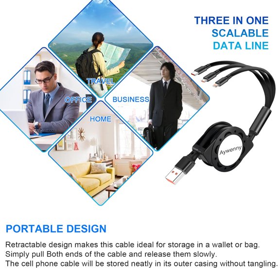 RGHJAR-[2026 Upgraded] 3 Pack Multi Retractable Charging Cable, 3 in 1 USB Charging Cable with USB C/Micro USB/Phone Port, 3.3FT Charging Cable for Phone17 16 15 14 13 12 11 XS XR X 8 7 6 SE (3Pcs)