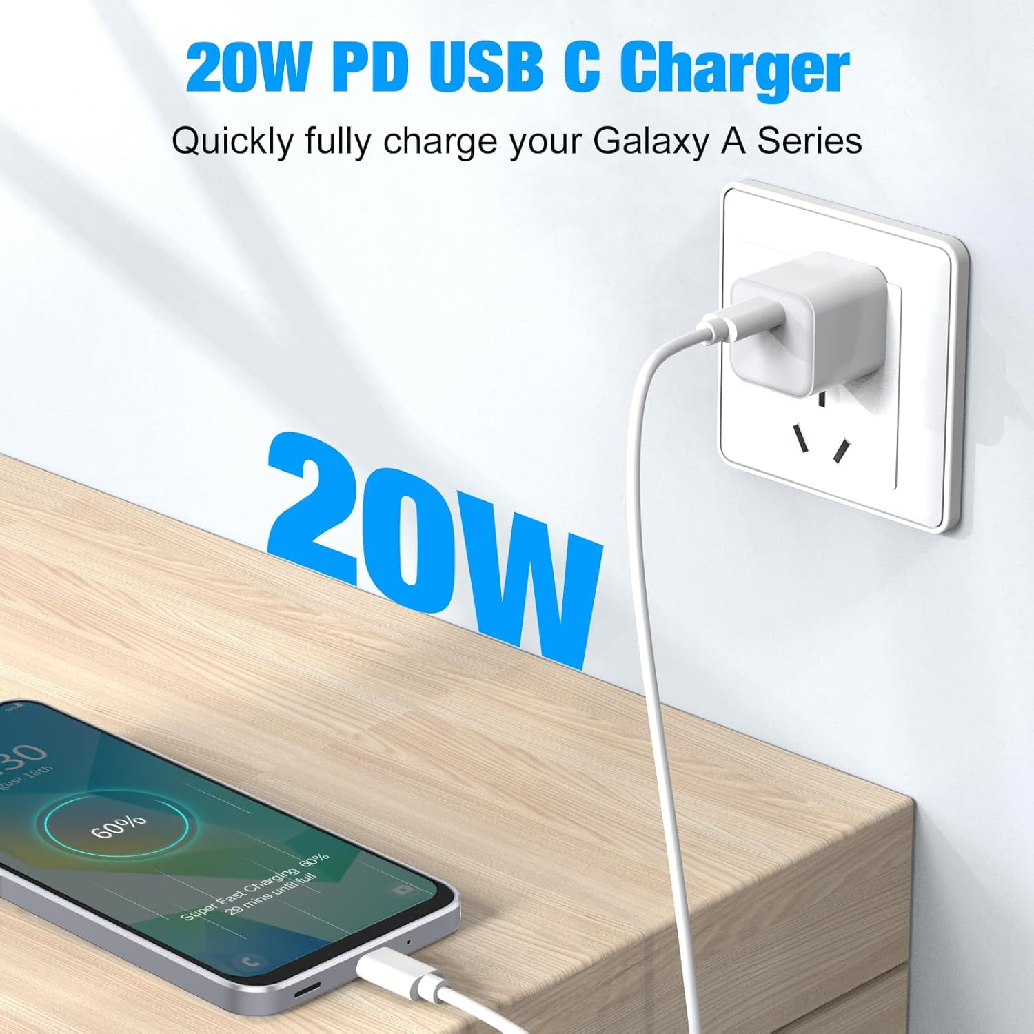 RGHJAR-20W USB C Wall Charger Block for Android Samsung Galaxy A17 5G A16 A15 A55 A54 A13 A53 A52 A51 A71 A34 A42, [2 Pack] PD Type-C Port Compact Cube Fast Charging Power Mini Adapter + 2 x 6FT Cabl