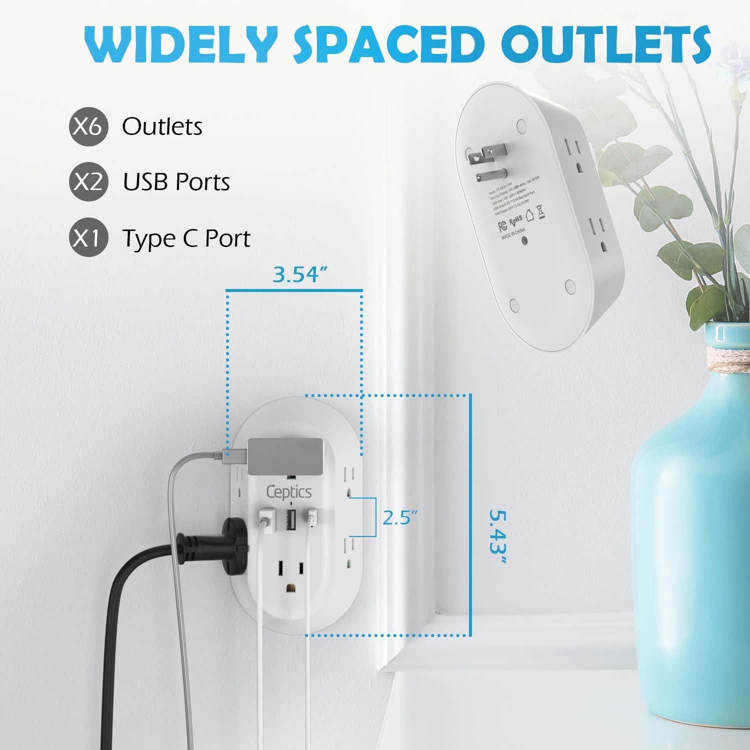 RGHJAR-20W Wall Power Strip Charger - Small & Compact - Surge Protector 1800J - Grounded Dual USB + USB-C PD & QC 3.0-6 USA Outlets Input (20W)